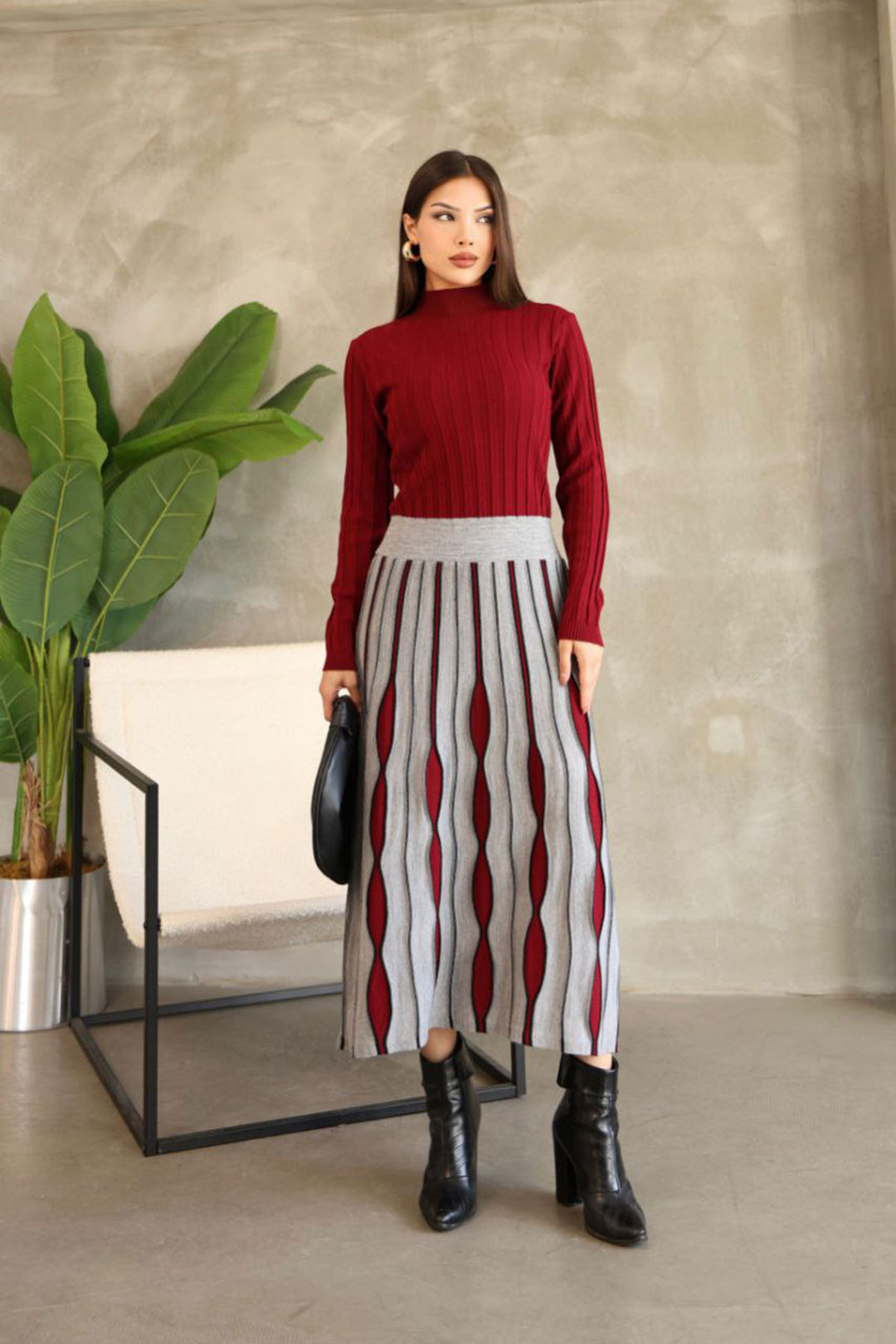 Burgundy Turtleneck Dress with Skirt-Like Appearance Patterned Knit Dress BCES-252020 - Siracusa
