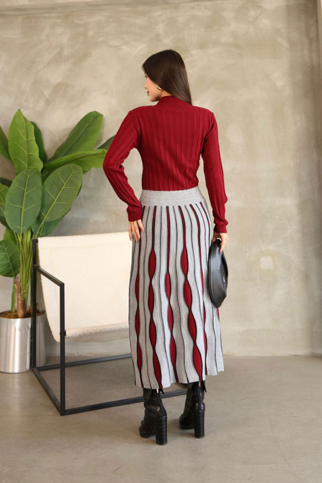 Burgundy Turtleneck Dress with Skirt-Like Appearance Patterned Knit Dress BCES-252020 - Siracusa