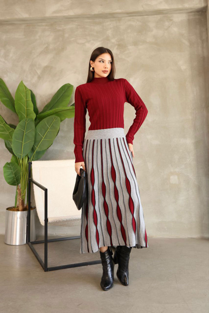 Burgundy Turtleneck Dress with Skirt-Like Appearance Patterned Knit Dress BCES-252020 - Siracusa