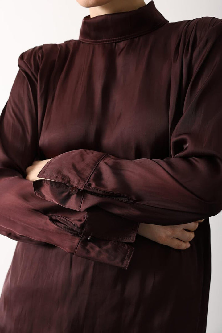 Bordo Dik Yaka Omuzları Vatkalı Drape Detaylı Saten Bluz - Poza Rica de Hidalgo