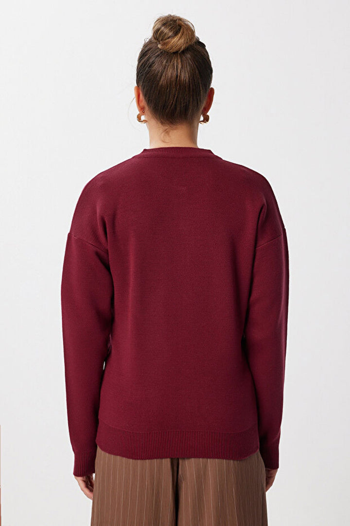 Bordo Düğmeli Çiçek Nakışlı Kışlık Triko Hırka BCVL-25T2364 - Mukacheve