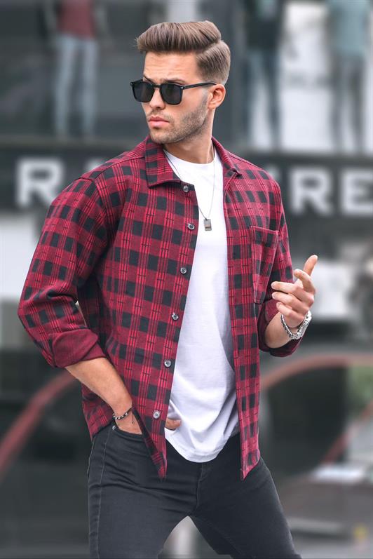 MDX Burgundy Plaid Regular Fit Men's Shirt 6714 - Champigny-sur-Marne