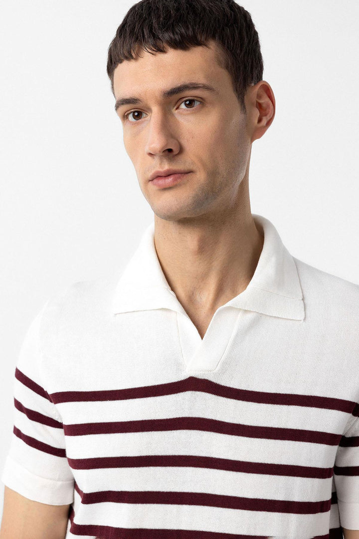 ANT Antioch Bordo-Ekru Polo Yaka Çizgili Erkek Triko T-Shirt - Georgetown