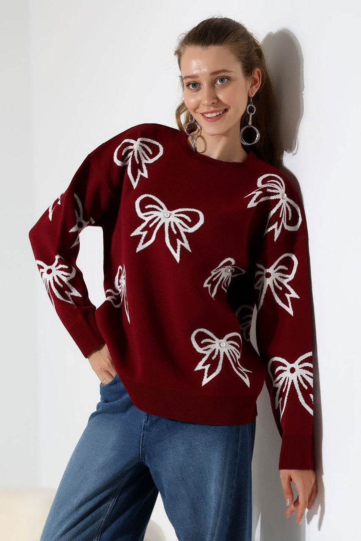 Burgundy Bow Patterned Sweater BCES-252045 - Ormond Beach