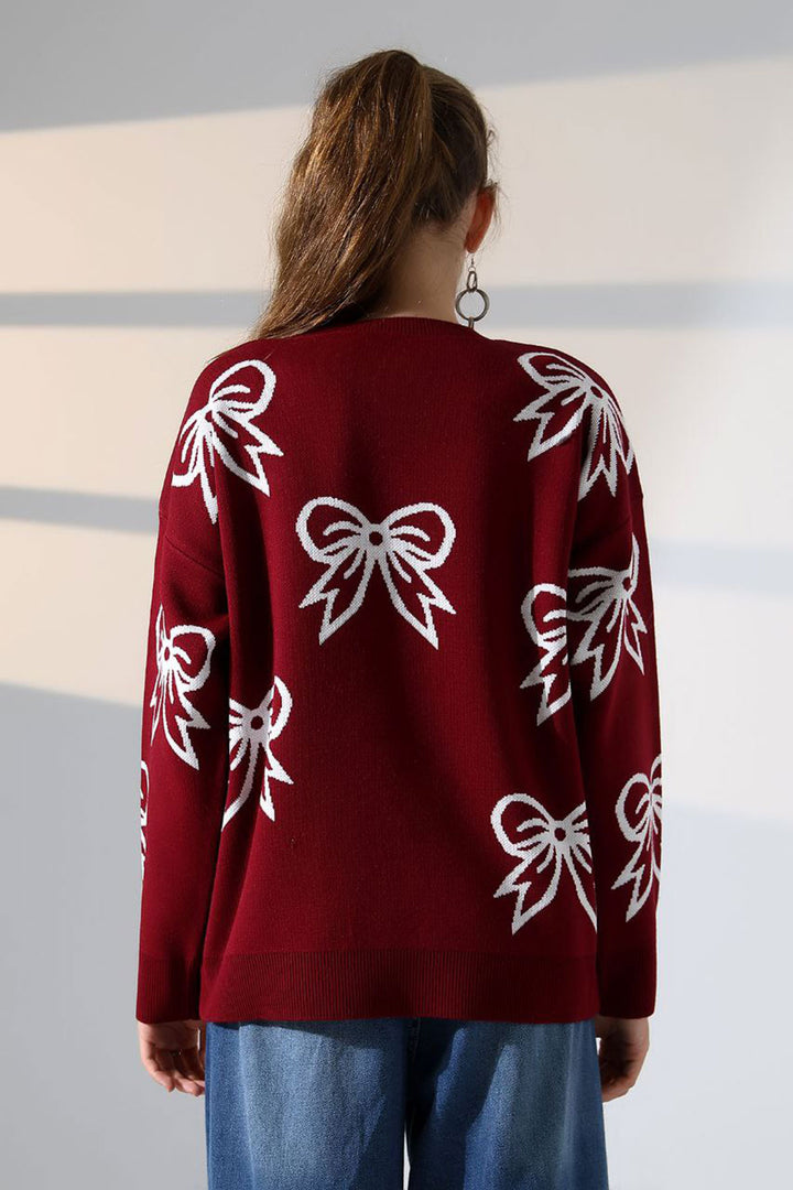 Burgundy Bow Patterned Sweater BCES-252045 - Ormond Beach