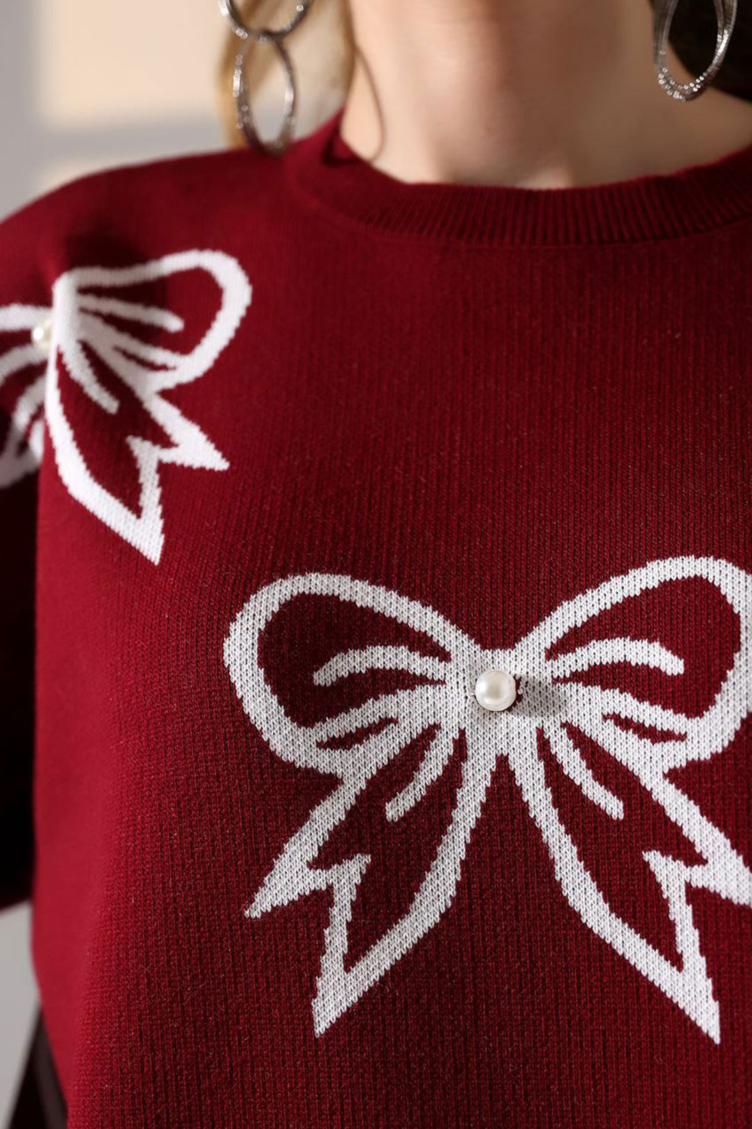 Burgundy Bow Patterned Sweater BCES-252045 - Ormond Beach