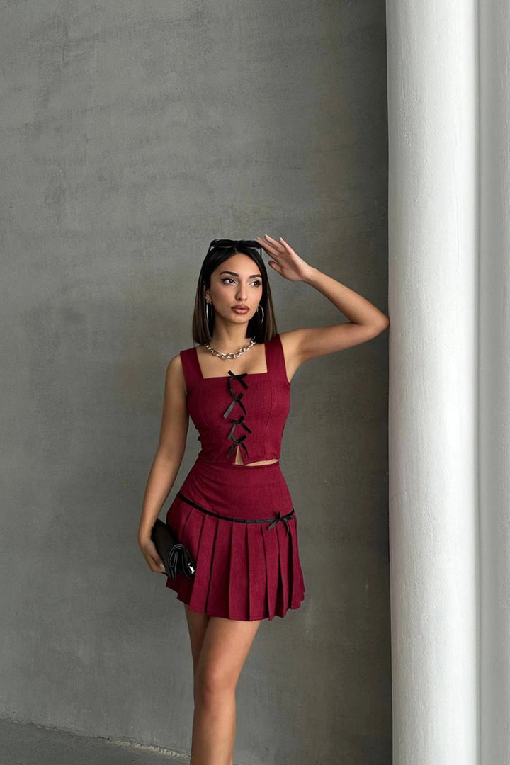 BCHN-25255015 Red Bow Detail Blouse and Pleated Skirt Set - Maple Grove