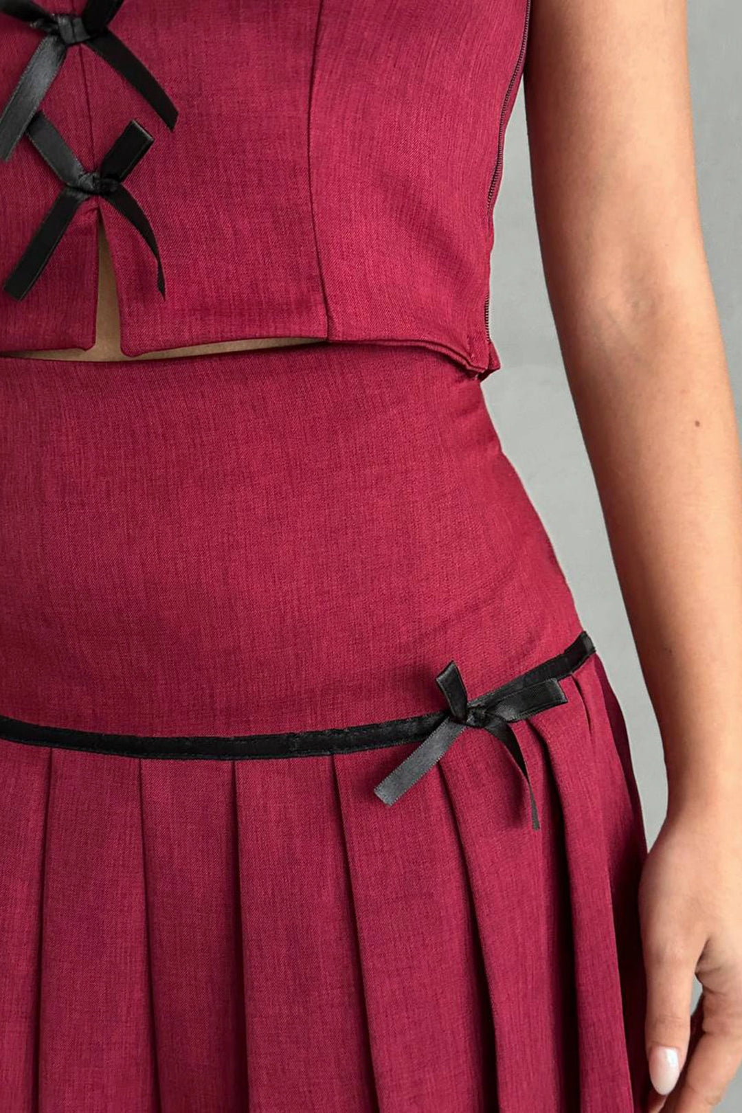 BCHN-25255015 Red Bow Detail Blouse and Pleated Skirt Set - Maple Grove