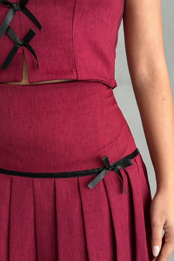 BCHN-25255015 Red Bow Detail Blouse and Pleated Skirt Set - Maple Grove
