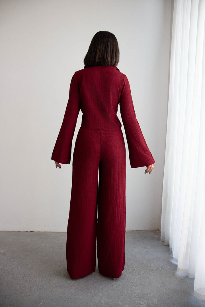 Bordo Geniş Kol Düğme Detaylı Yakalı Bluz Ve Palazzo Pantolon Alt Üst Takım BCHN-2626136 - Orléans