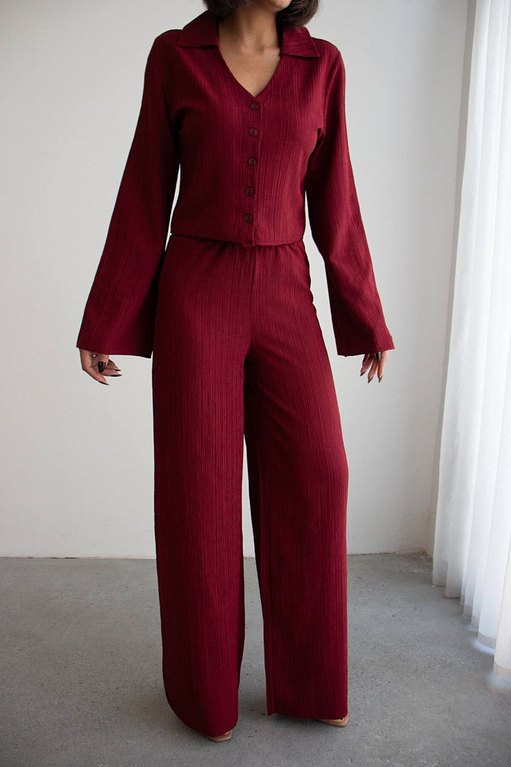 Bordo Geniş Kol Düğme Detaylı Yakalı Bluz Ve Palazzo Pantolon Alt Üst Takım BCHN-2626136 - Orléans
