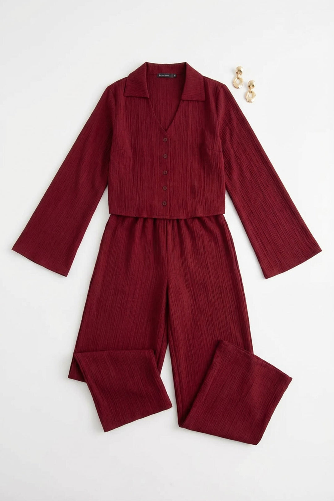 Bordo Geniş Kol Düğme Detaylı Yakalı Bluz Ve Palazzo Pantolon Alt Üst Takım BCHN-2626136 - Orléans