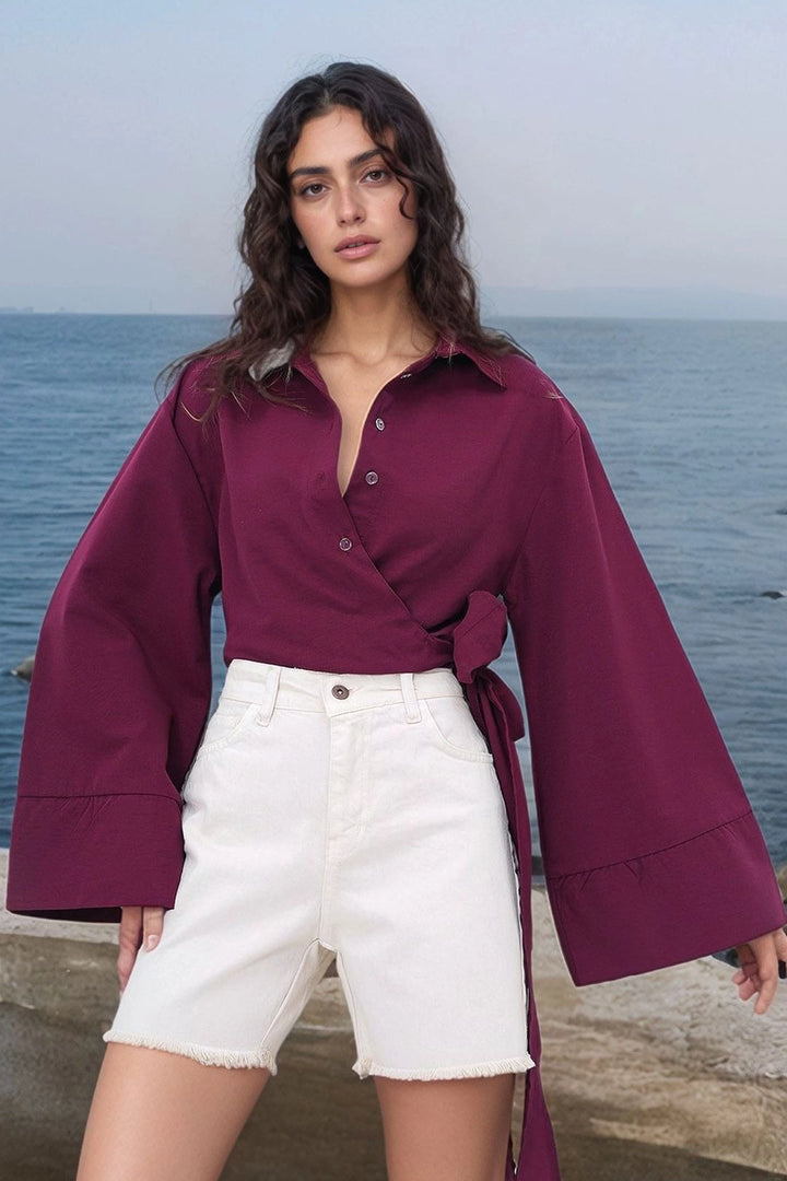 Burgundy Wide Cuff Sleeve Detailed Front Tied Poplin Shirt BCDF-2510000 - Edmonton