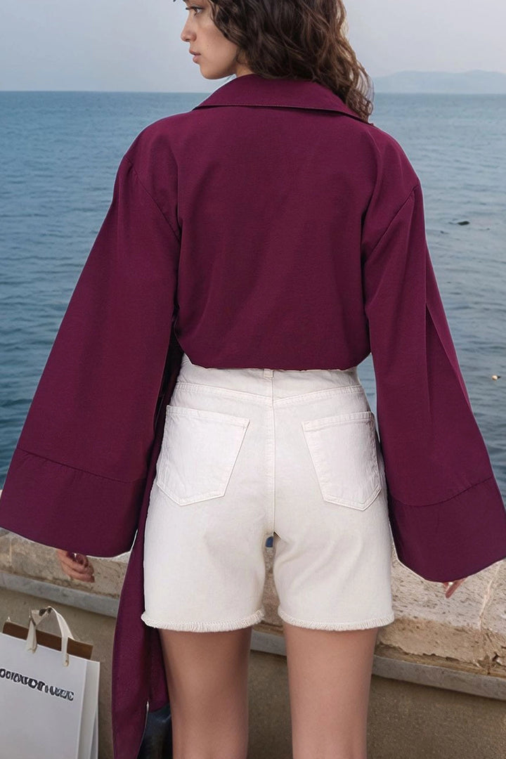 Burgundy Wide Cuff Sleeve Detailed Front Tied Poplin Shirt BCDF-2510000 - Edmonton