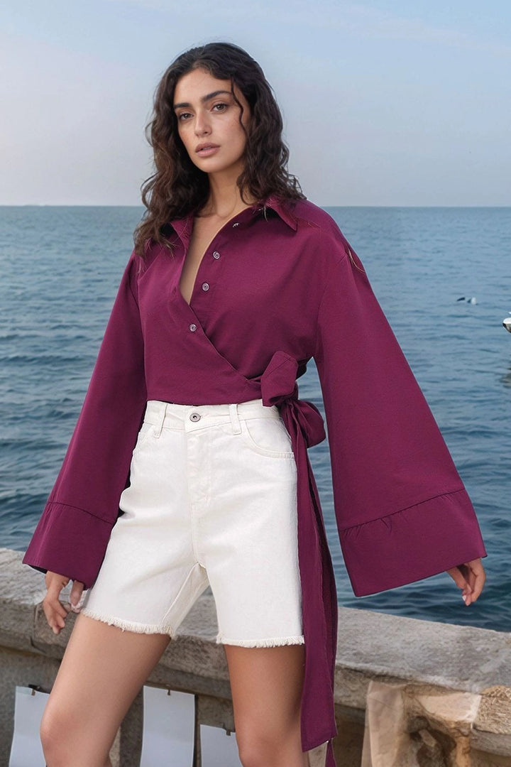 Burgundy Wide Cuff Sleeve Detailed Front Tied Poplin Shirt BCDF-2510000 - Edmonton