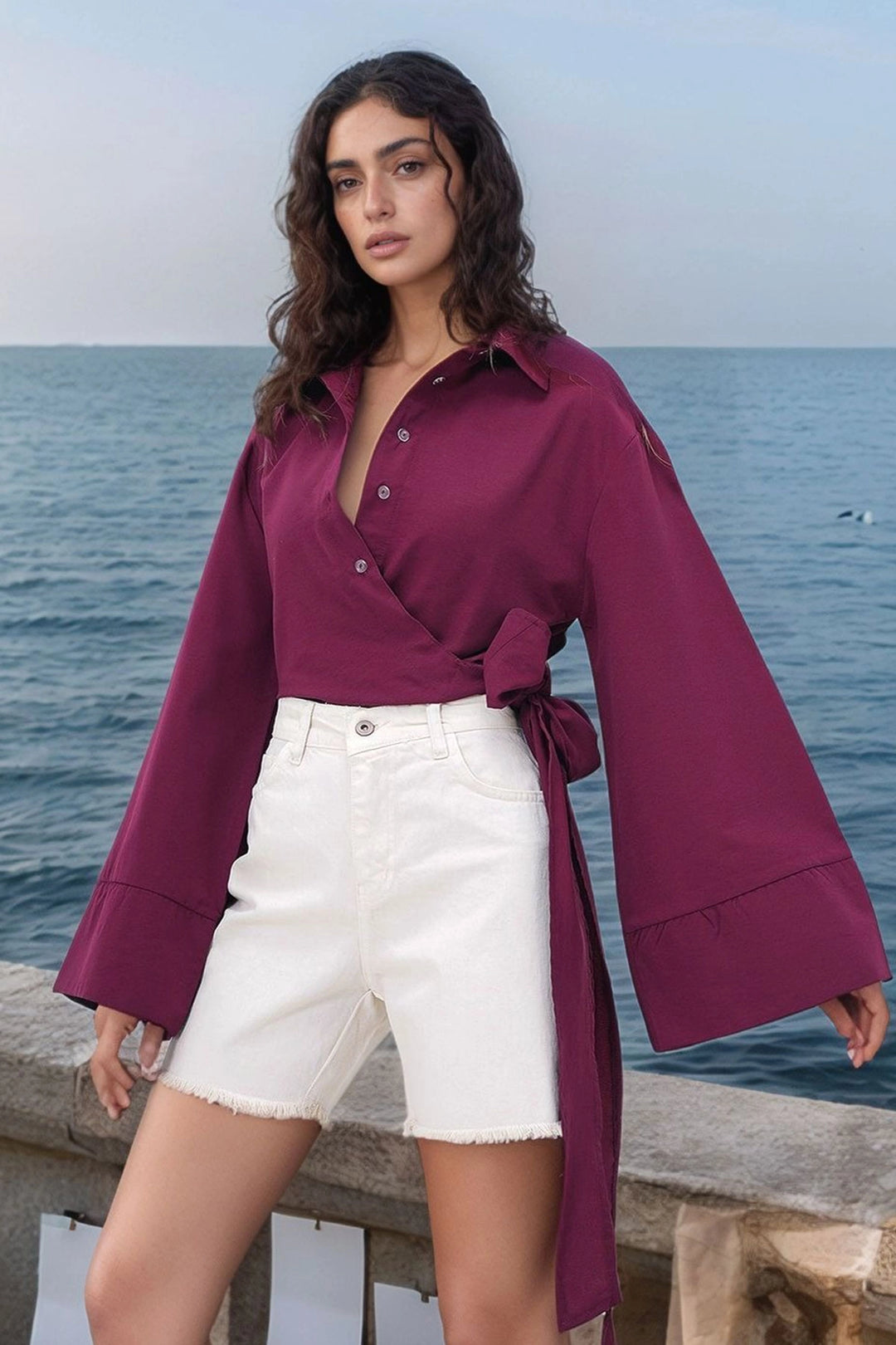 Burgundy Wide Cuff Sleeve Detailed Front Tied Poplin Shirt BCDF-2510000 - Edmonton