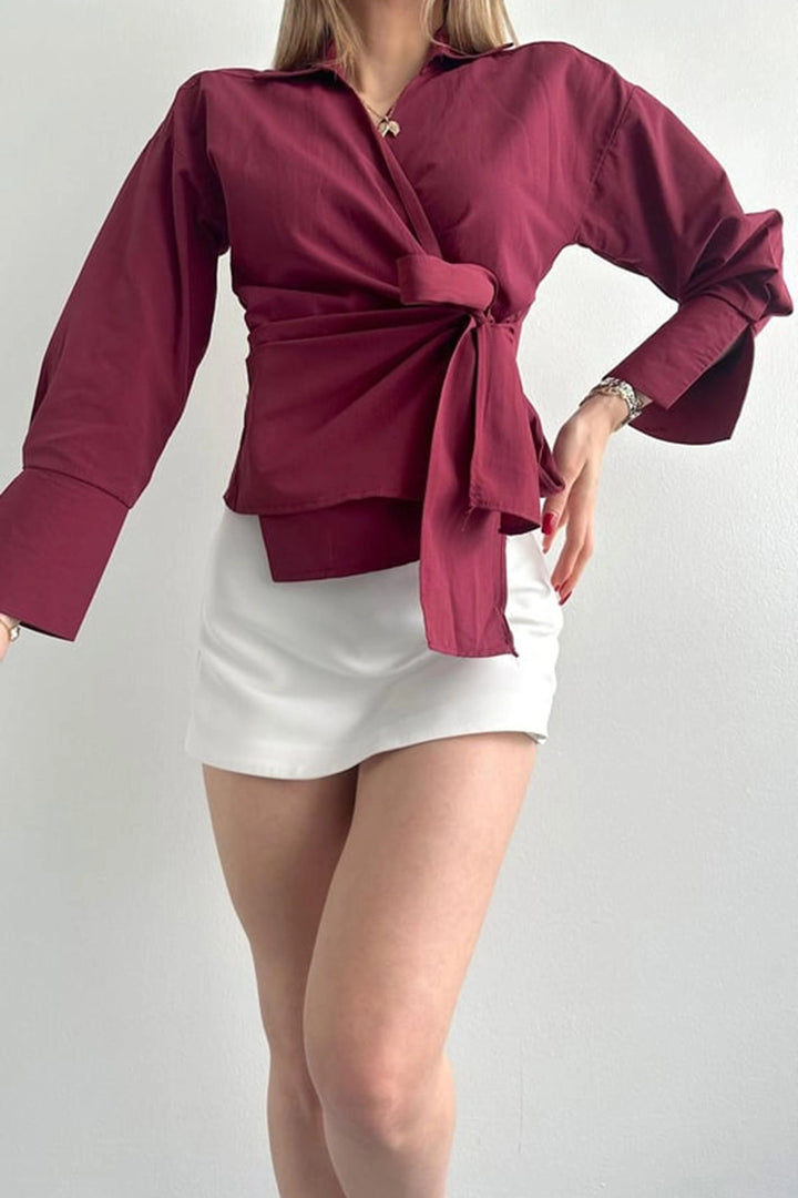 Burgundy Wide Cuffed Double Breasted Front Tied Poplin Shirt BCDF-2530000 - San Adrián de Besós