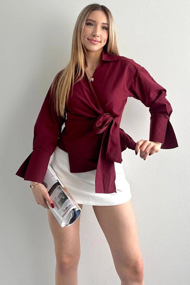Burgundy Wide Cuffed Double Breasted Front Tied Poplin Shirt BCDF-2530000 - San Adrián de Besós