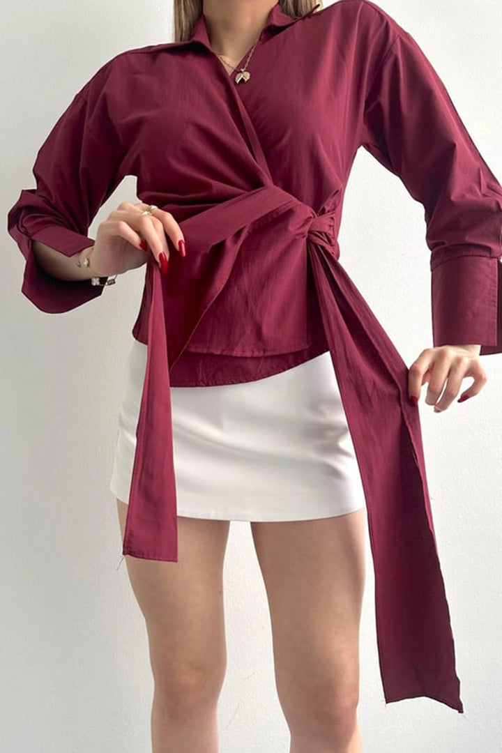 Burgundy Wide Cuffed Double Breasted Front Tied Poplin Shirt BCDF-2530000 - San Adrián de Besós