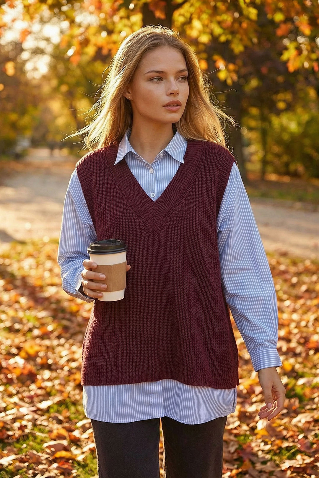 Bordo Gömlek Detaylı V Yaka Triko Süveter Bluz BCHPK-251251 - Cheshunt