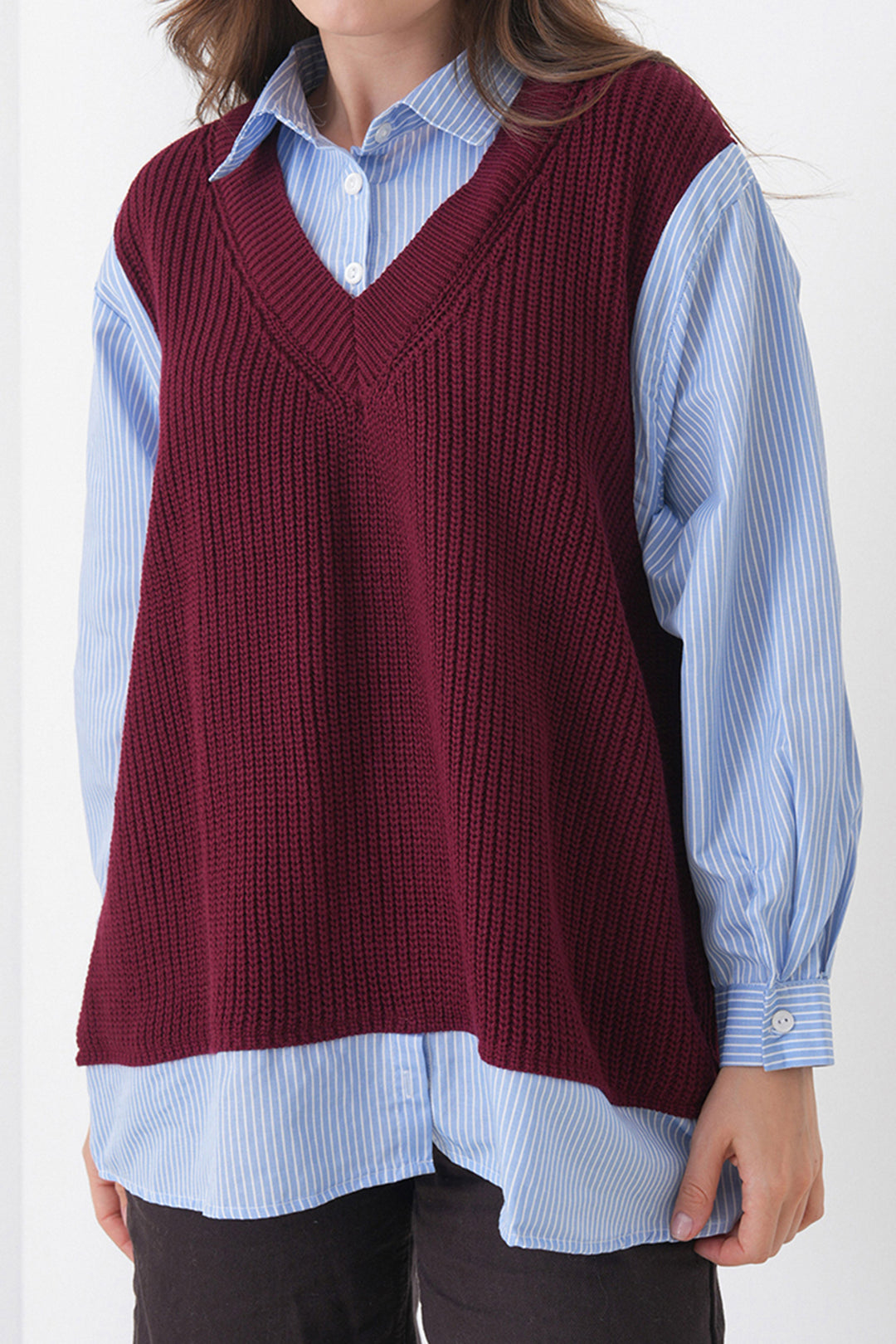 Burgundy Shirt Detailed V-Neck Knit Sweater Blouse BCHPK-251251 - Dothan