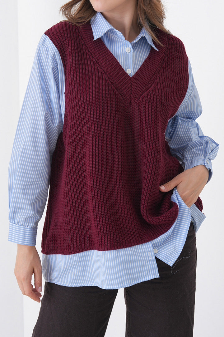 Bordo Gömlek Detaylı V Yaka Triko Süveter Bluz BCHPK-251251 - Cheshunt