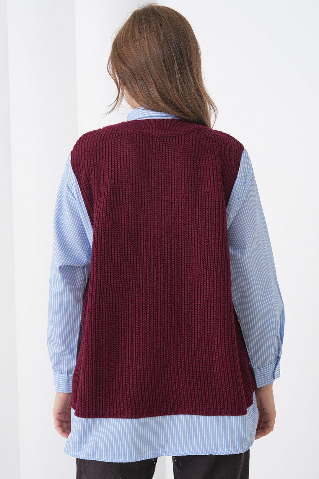 Burgundy Shirt Detailed V-Neck Knit Sweater Blouse BCHPK-251251 - Dothan