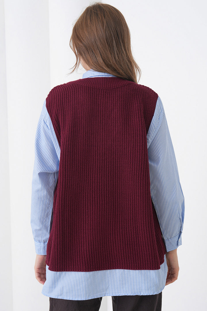 Bordo Gömlek Detaylı V Yaka Triko Süveter Bluz BCHPK-251251 - Cheshunt