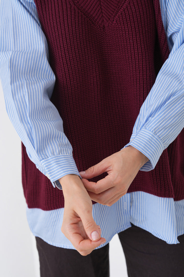Burgundy Shirt Detailed V-Neck Knit Sweater Blouse BCHPK-251251 - Dothan