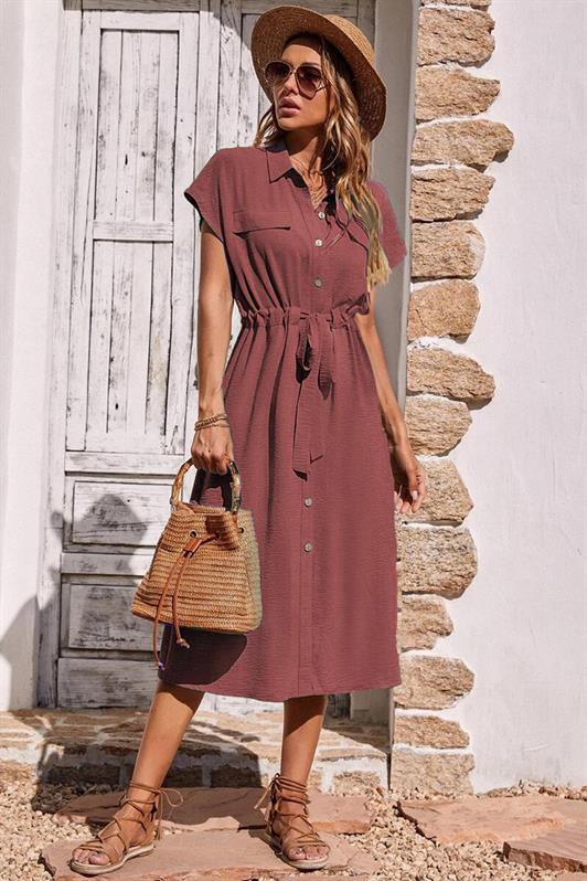 MDX Burgundy Shirt Collar Long Dress MG1743 - Tecoanapa