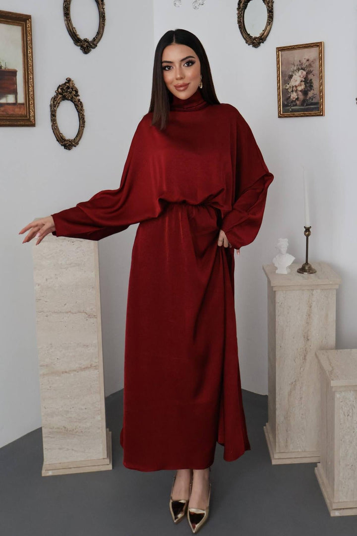 ELS Bordo Jakarlı Saten Elbise - Nampa