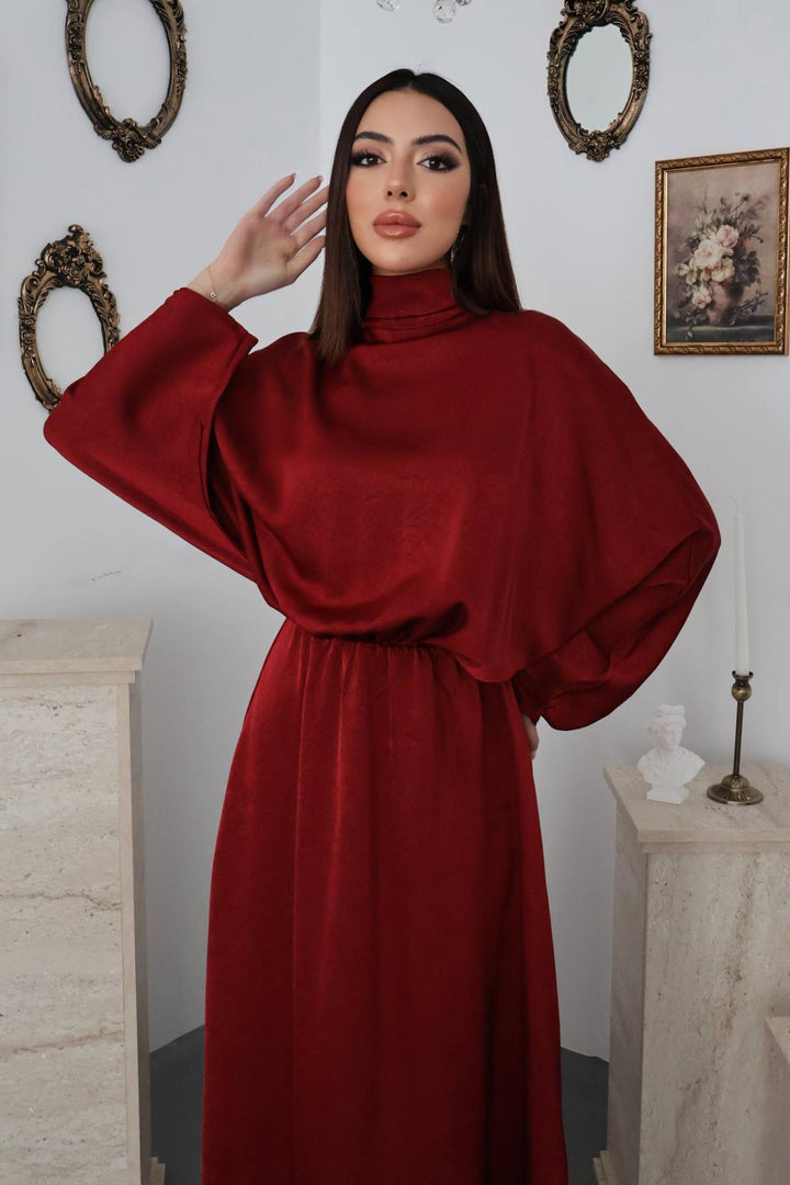 ELS Bordo Jakarlı Saten Elbise - Nampa