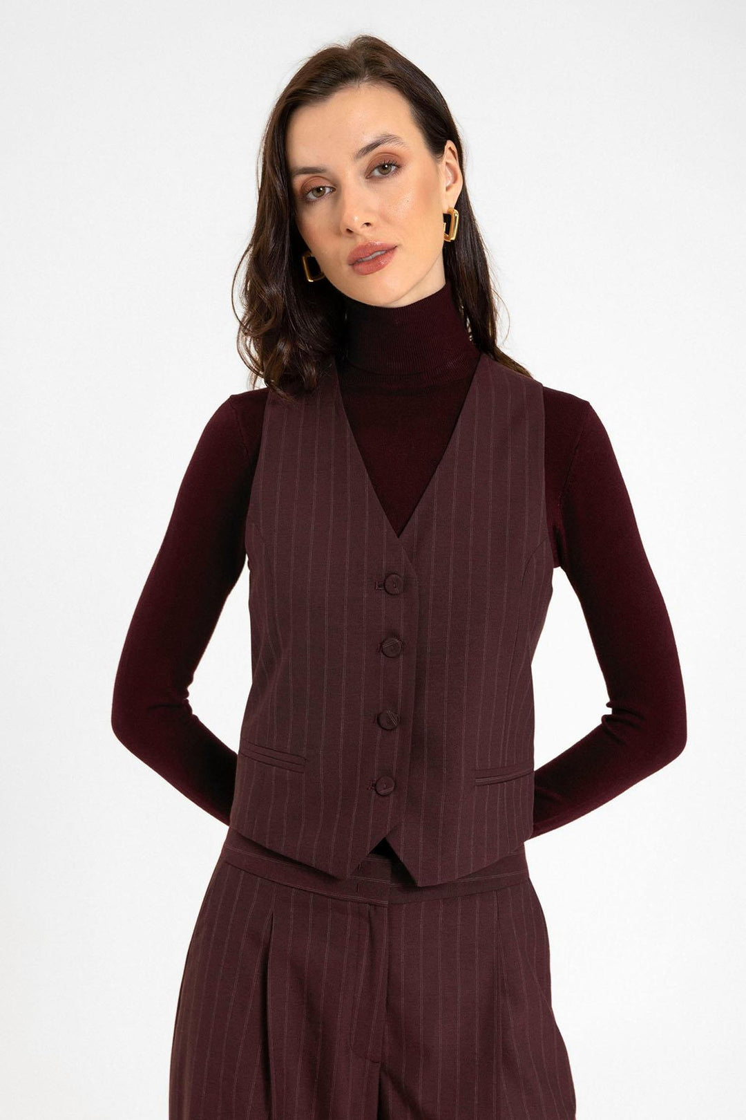 ANT Antioch Bordo Kadın Çizgili Düğme Kapama Yelek - Poitiers