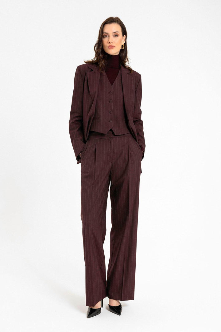 ANT Antioch Bordo Kadın Çizgili Düğme Kapama Yelek - Poitiers