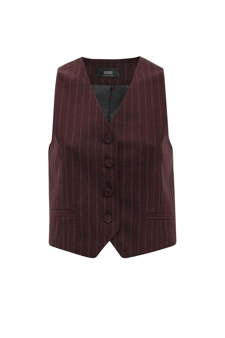 ANT Antioch Bordo Kadın Çizgili Düğme Kapama Yelek - Poitiers