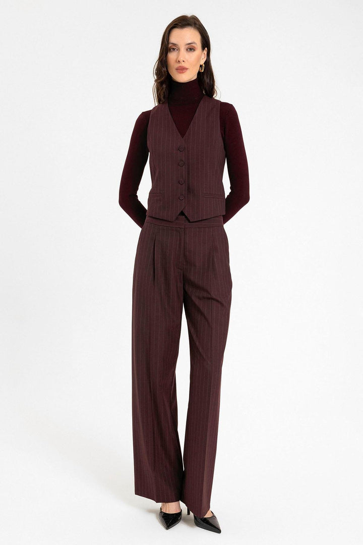 ANT Antioch Bordo Kadın Çizgili Düğme Kapama Yelek - Poitiers