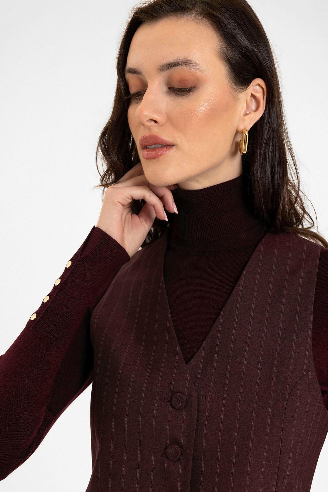 ANT Antioch Bordo Kadın Çizgili Düğme Kapama Yelek - Poitiers