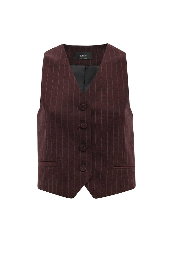 ANT Antioch Bordo Kadın Çizgili Düğme Kapama Yelek - Poitiers