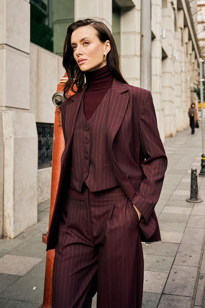 ANT Antioch Bordo Kadın Çizgili Düğme Kapama Yelek - Poitiers