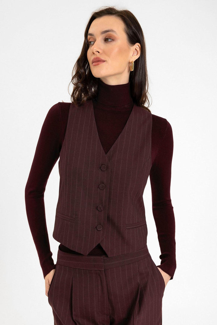 ANT Antioch Bordo Kadın Çizgili Düğme Kapama Yelek - Poitiers