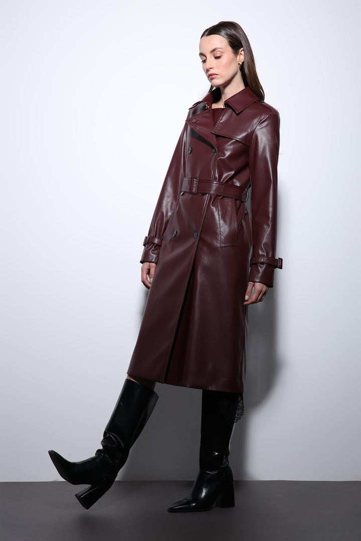 ANT Antioch Bordeaux Women's Faux Leather Belted Trench Coat - Covilhã