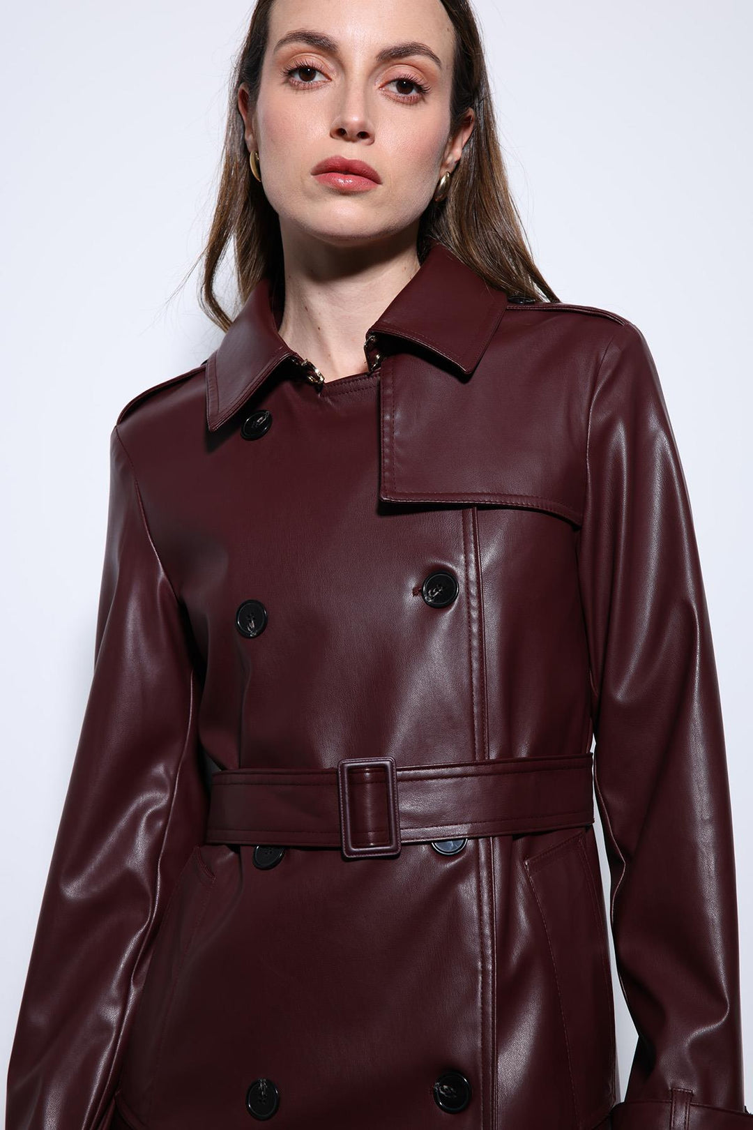 ANT Antioch Bordeaux Women's Faux Leather Belted Trench Coat - Covilhã