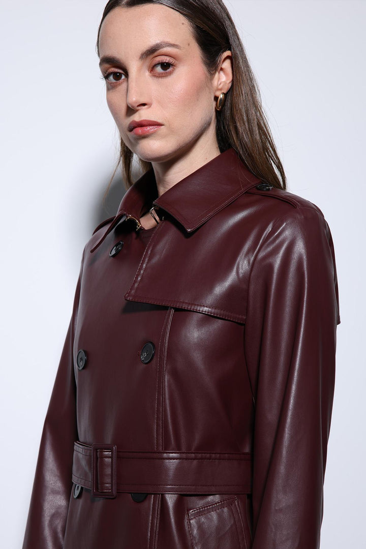 ANT Antioch Bordeaux Women's Faux Leather Belted Trench Coat - Covilhã