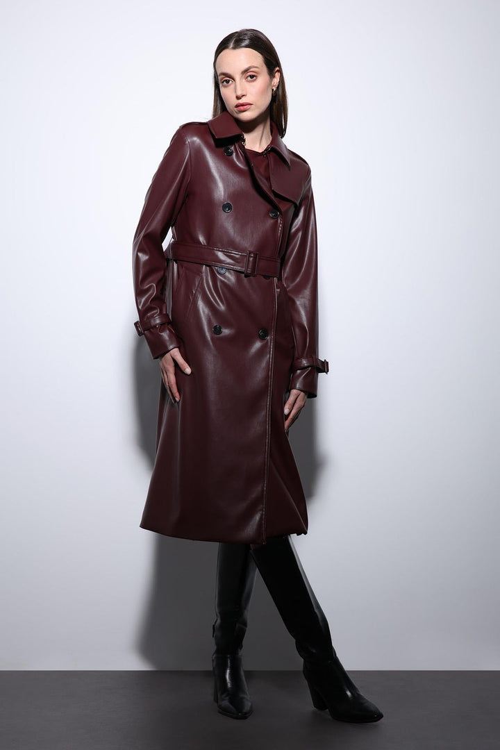 ANT Antioch Bordeaux Women's Faux Leather Belted Trench Coat - Covilhã