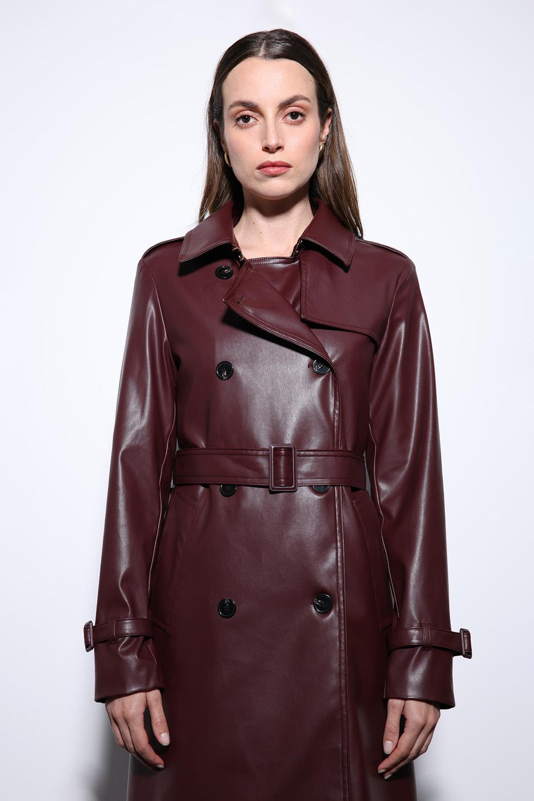 ANT Antioch Bordeaux Women's Faux Leather Belted Trench Coat - Covilhã