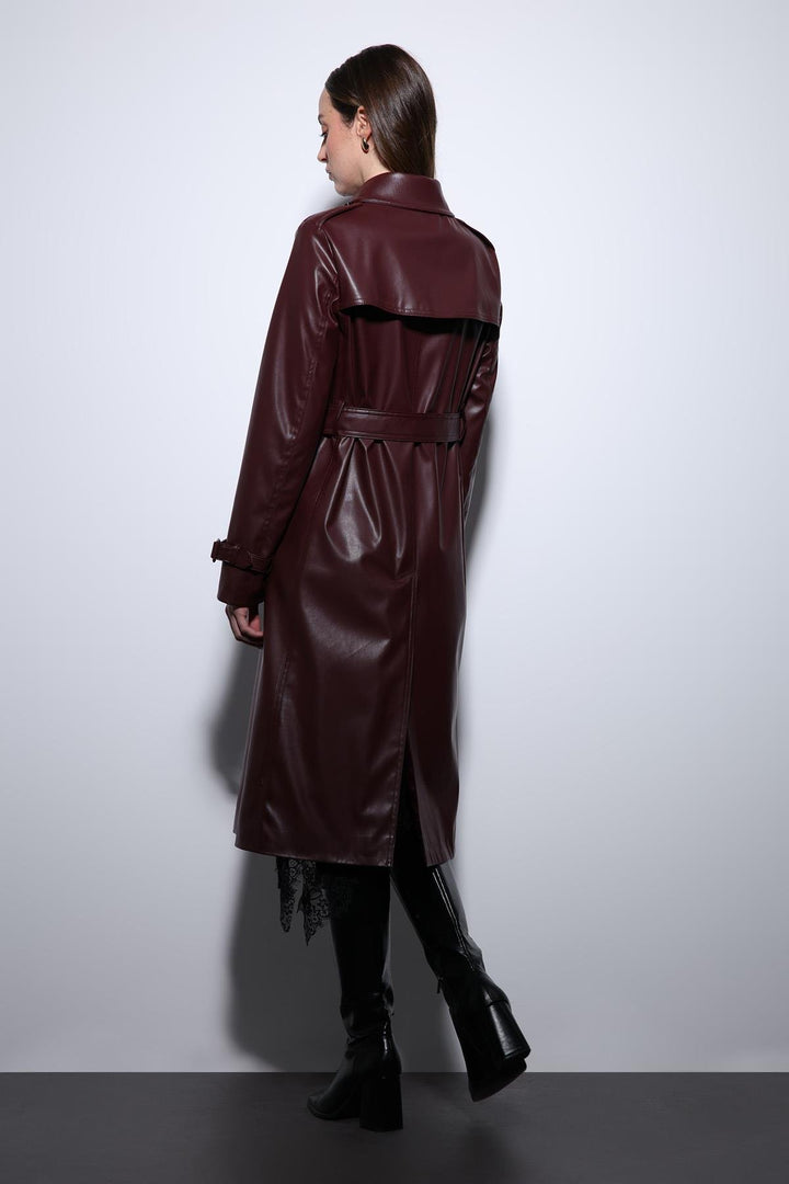 ANT Antioch Bordeaux Women's Faux Leather Belted Trench Coat - Covilhã