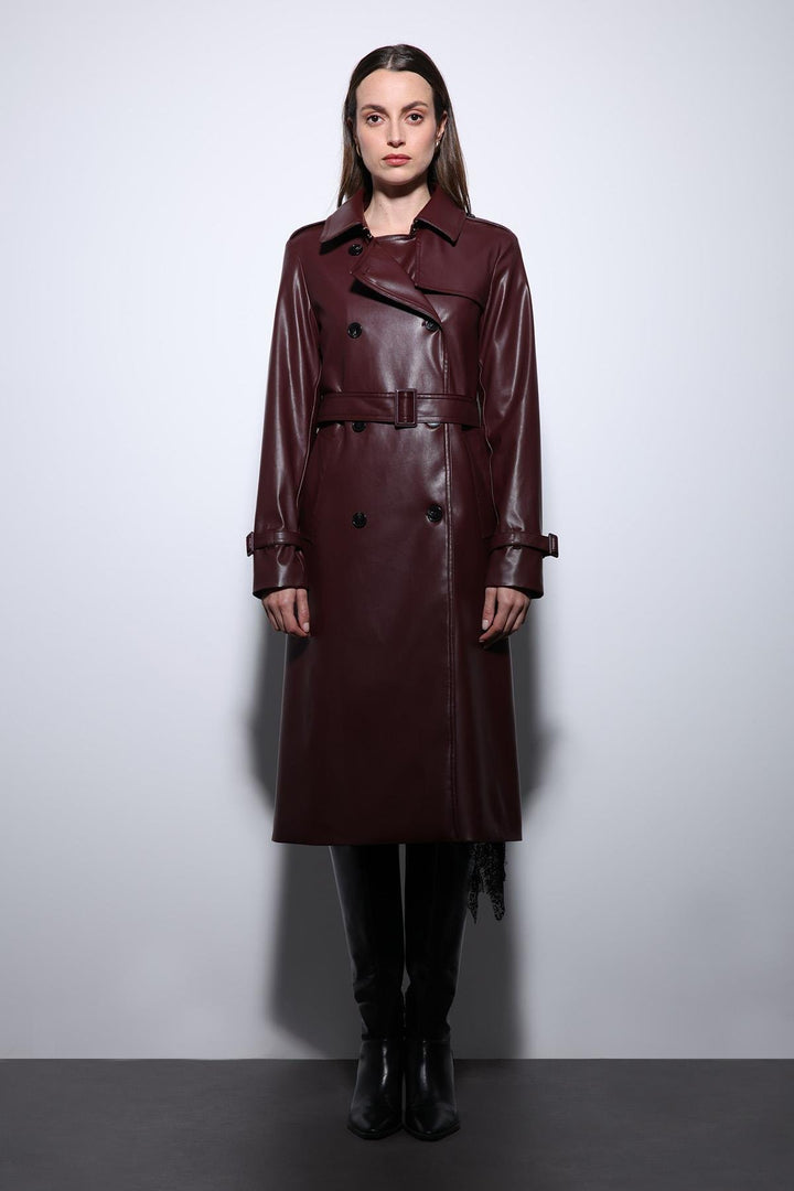 ANT Antioch Bordeaux Women's Faux Leather Belted Trench Coat - Covilhã