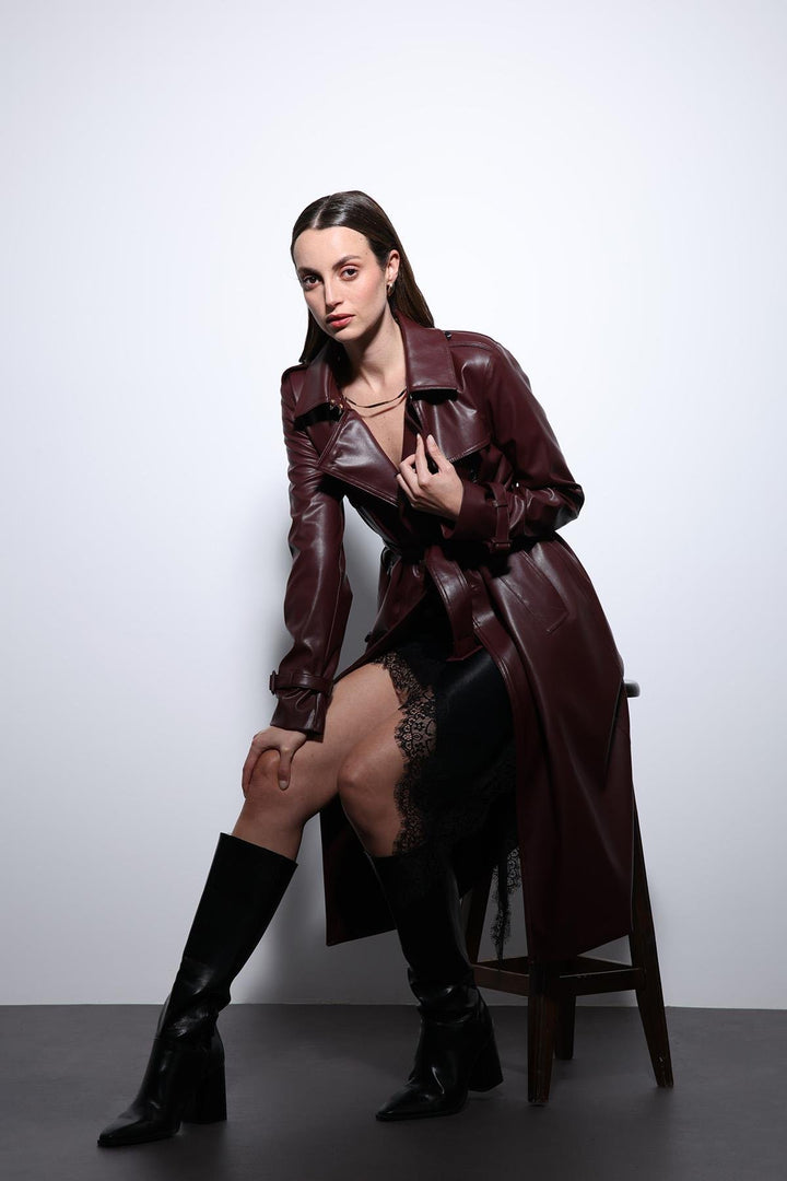 ANT Antioch Bordeaux Women's Faux Leather Belted Trench Coat - Covilhã