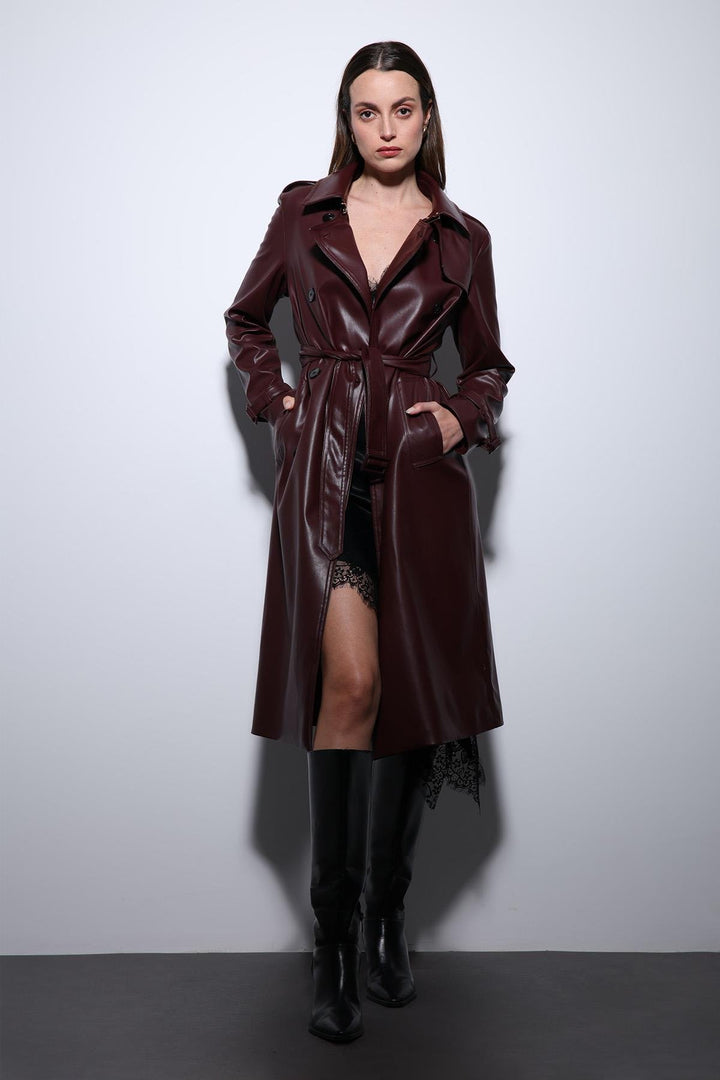 ANT Antioch Bordeaux Women's Faux Leather Belted Trench Coat - Covilhã