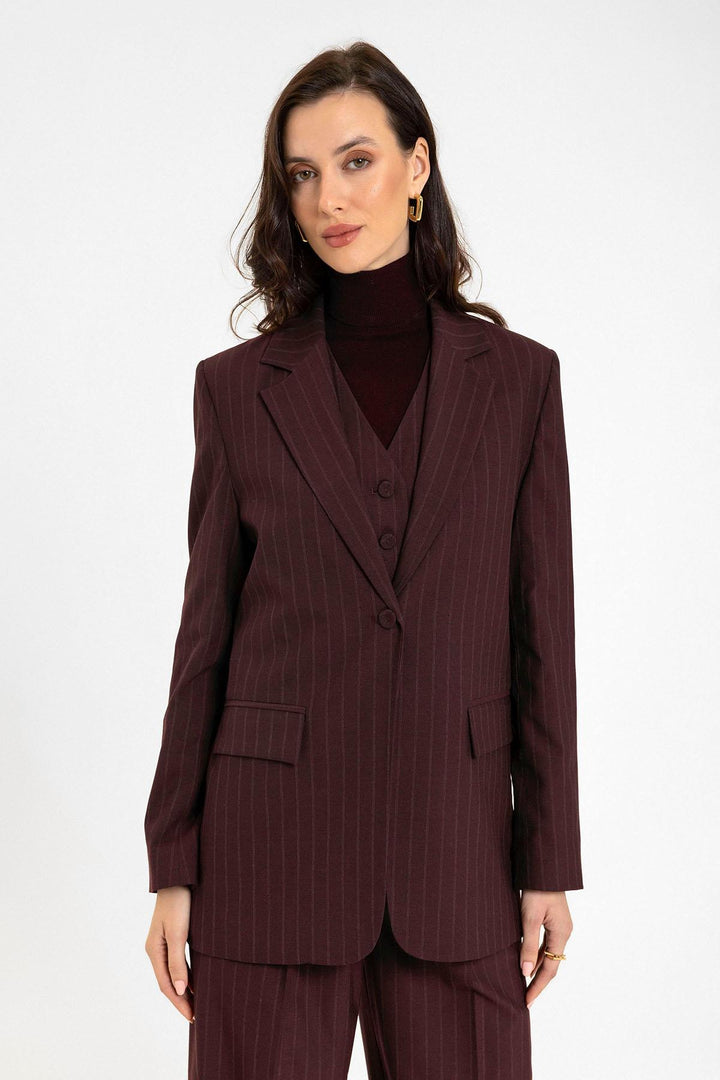 ANT Antioch Bordo Kadın Tek Düğme Çizgili Blazer Ceket - West Palm Beach